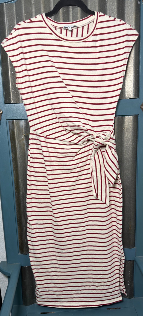 Miou Muse Dress Cream Red Stripe Waist Side Tie Midi 100 Cotton Cap Sleeve Small